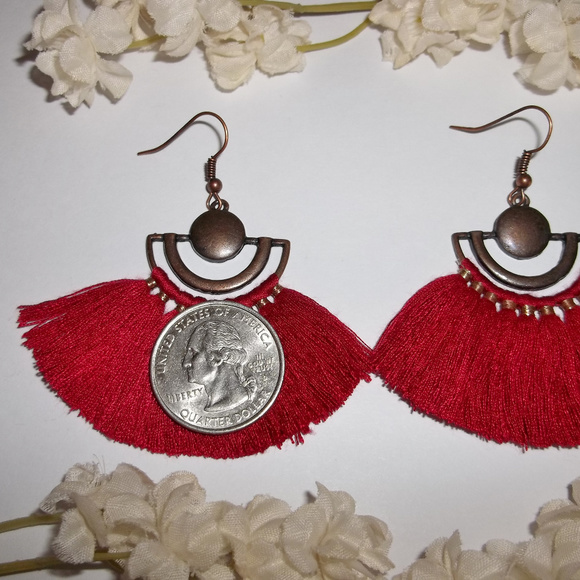 Tassel Earring Set Red Boho Fan Statement NWT 4720 - Picture 4 of 8